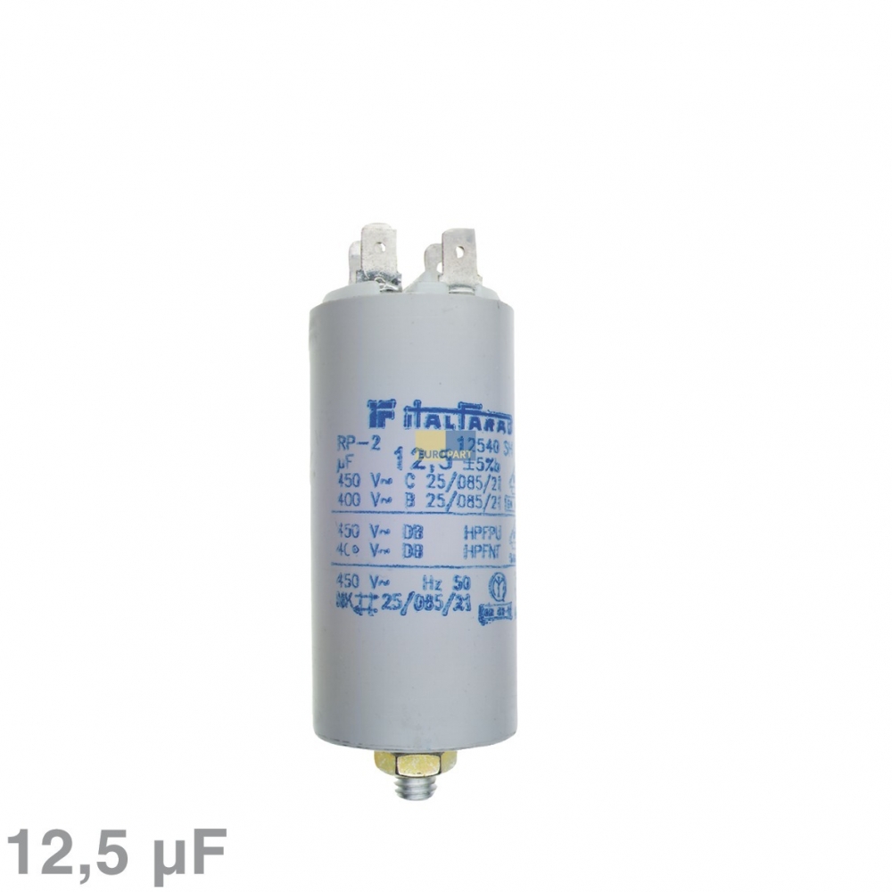 Kondensator 12,50F 450V mit Steckfahnen Universal fr Trockner und Geschirrspler